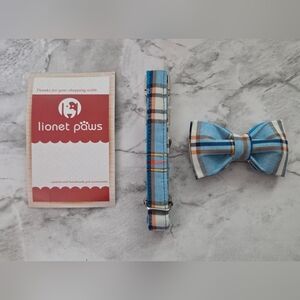 Blue Plaid Dog Collar and Bow Tie Set
